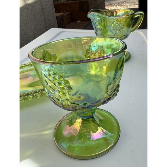 Vtg Indiana Carnival Glass Lime Green Grape Iridescent 3pc Sugar Creamer Tray - Picture 3 of 7